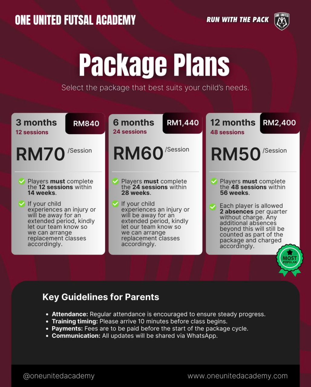 One United trainee package plans and monthly fees